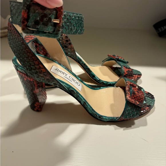 Jimmy Choo Dacha 85 Snakeskin Python Green Orange Buckle Heel Sandal - 38.5 - Picture 3 of 4